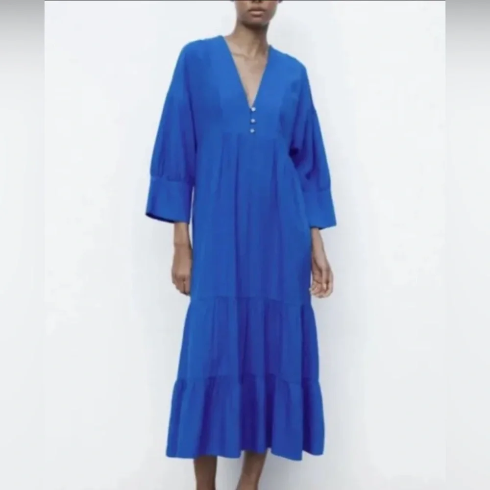 ZARA NWT Linen Blend Tiered Midi Blue Dress, Size XS